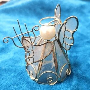 Vintage 3" Gold Metal Christmas Angel Harpist With Frosted Glass